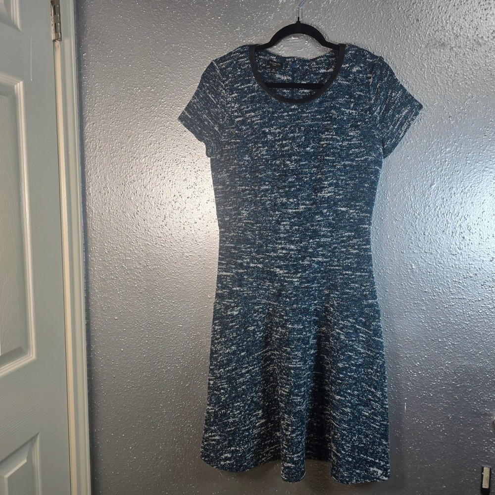 Talbots Petites Blue White Textured Knit Fit Flare Dress Short Sleeve 12P